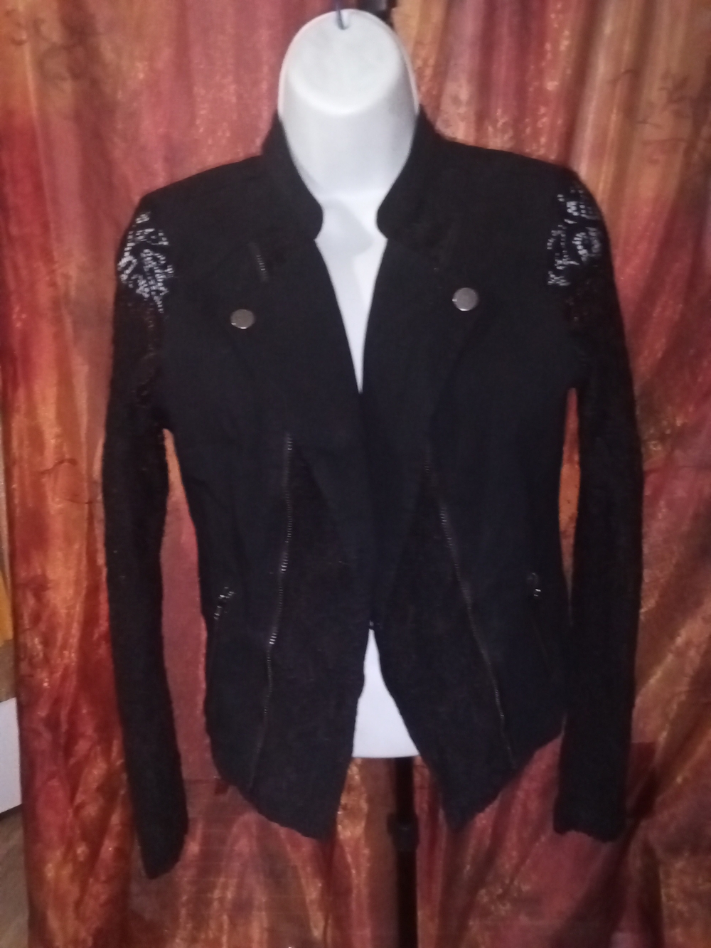 Candie's Black Lace-Sleeve And Back Moto Style Blazer